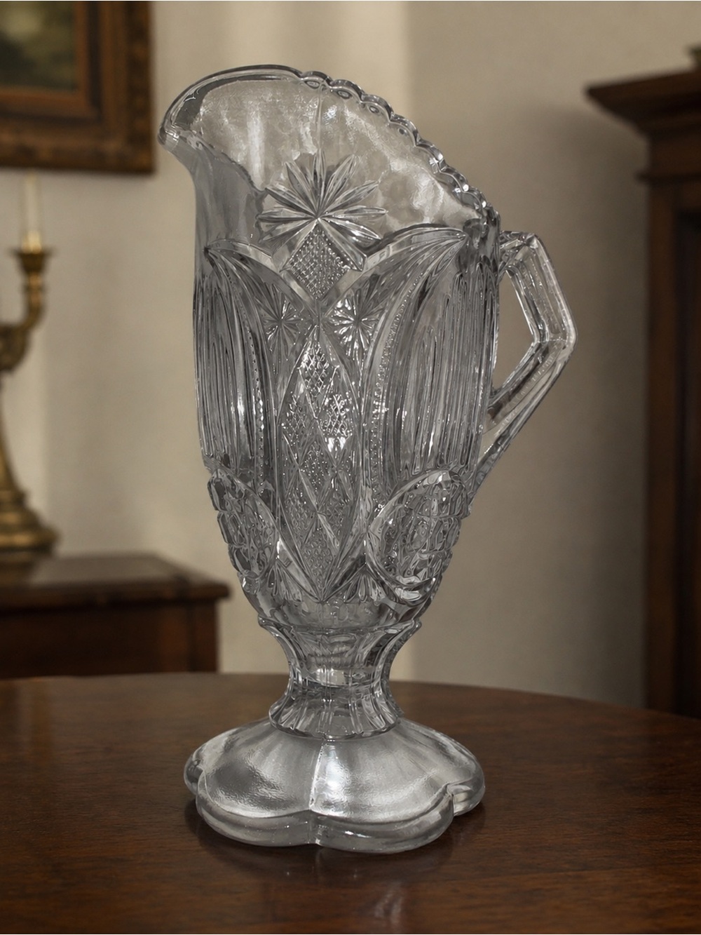 Vintage Clear Pressed Glass Pedestal Pitcher Starburst Fan Diamond 10”